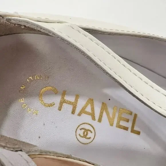 Chanel Buckle Mary Jane Wedge Pumps White Patent Leather Pumps | 39/US 8-8.5 - Picture 13 of 13